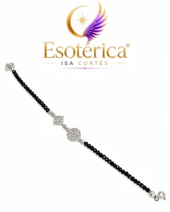 Pulsera triple protección de plata con turmalina negra, nudo de bruja y tetragramatón