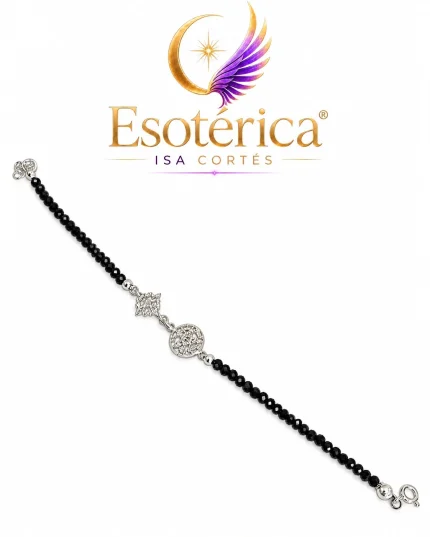 Pulsera triple protección de plata con turmalina negra, nudo de bruja y tetragramatón