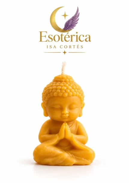Vela de miel con forma de pequeño Buda sentado en meditación sobre fondo blanco con el logotipo de Esotérica Isa Cortés