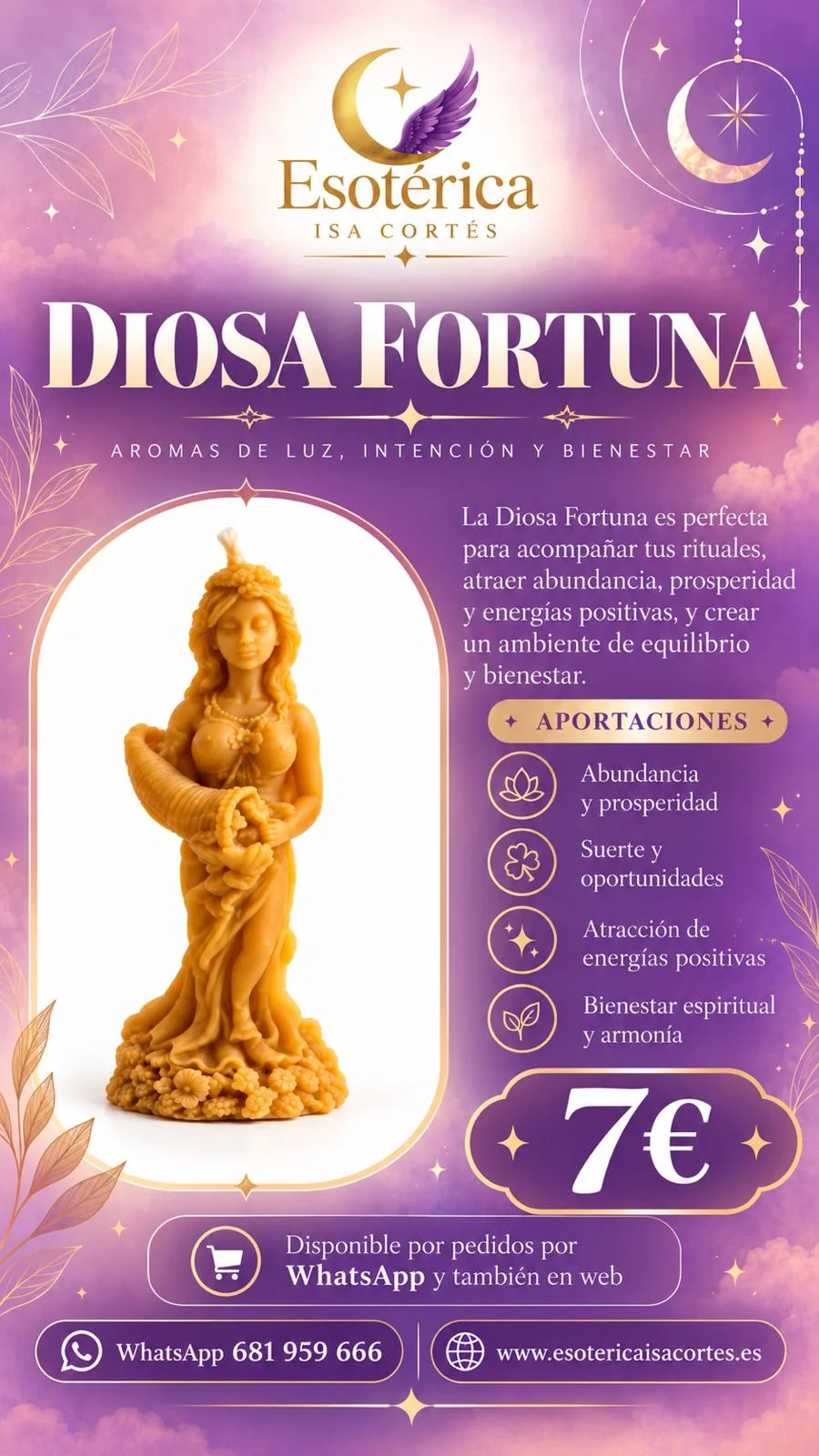 Vela Diosa Fortuna de Miel Cartel de la Diosa Fortuna para abundancia, prosperidad y suerte, con el precio de 7 euros
