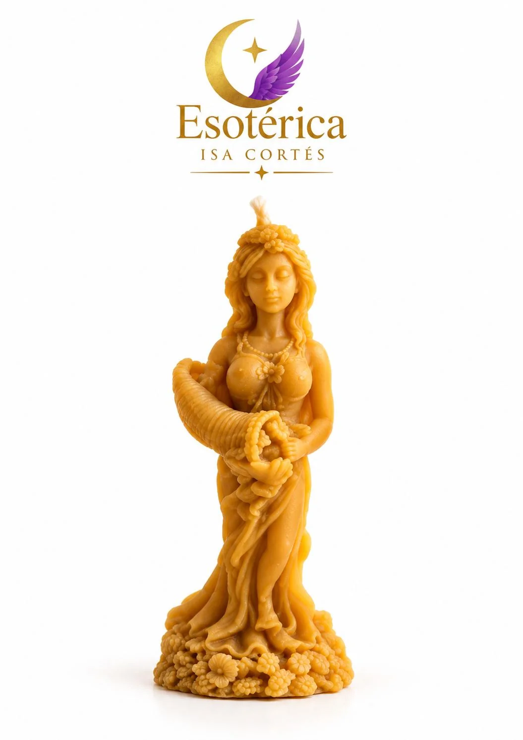 Vela Diosa Fortuna de Miel Vela de miel de la Diosa Fortuna con cornucopia y base de flores sobre fondo blanco con el logotipo de Esotérica Isa Cortés