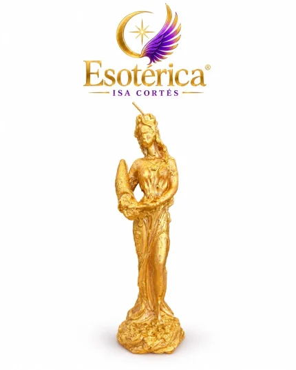 Vela dorada de la Diosa Fortuna con una cornucopia sobre fondo blanco y el logotipo de Esotérica Isa Cortés