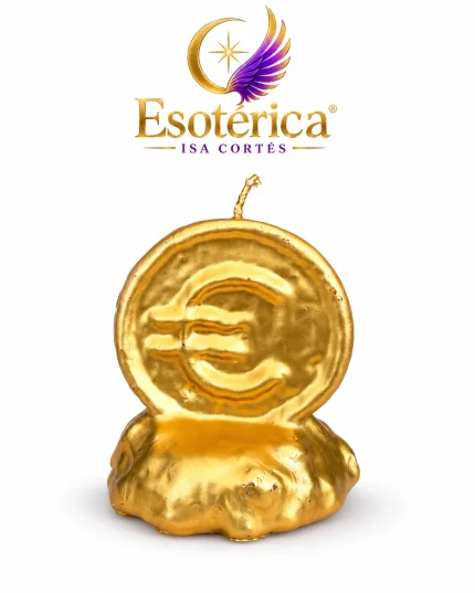 Vela dorada con forma de moneda de euro sobre una base irregular y el logotipo de Esotérica Isa Cortés
