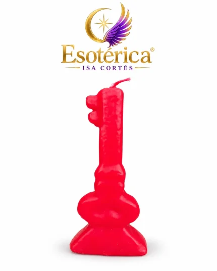 Vela de figura roja con forma de llave sobre fondo blanco y el logotipo de Esotérica Isa Cortés